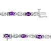 Thumbnail Image 1 of Oval Amethyst and Diamond Accent Beaded Brick Link Alternating Line Bracelet in Sterling Silver - 7.25"