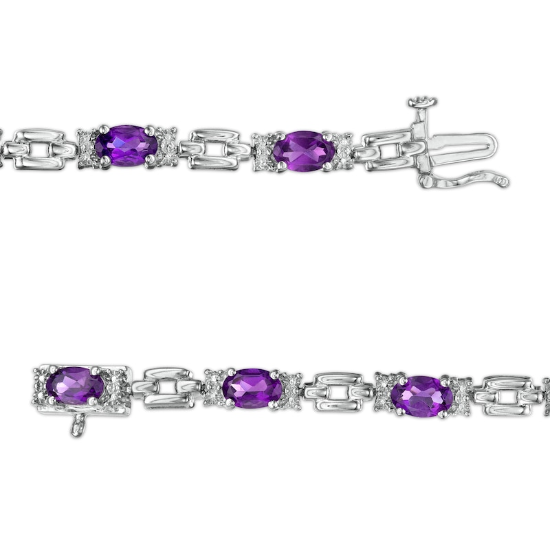 Oval Amethyst and Diamond Accent Beaded Brick Link Alternating Line Bracelet in Sterling Silver - 7.25"