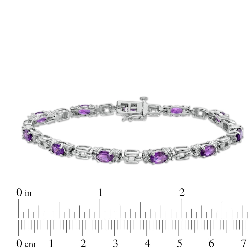 Main Image 3 of Oval Amethyst and Diamond Accent Beaded Brick Link Alternating Line Bracelet in Sterling Silver - 7.25"