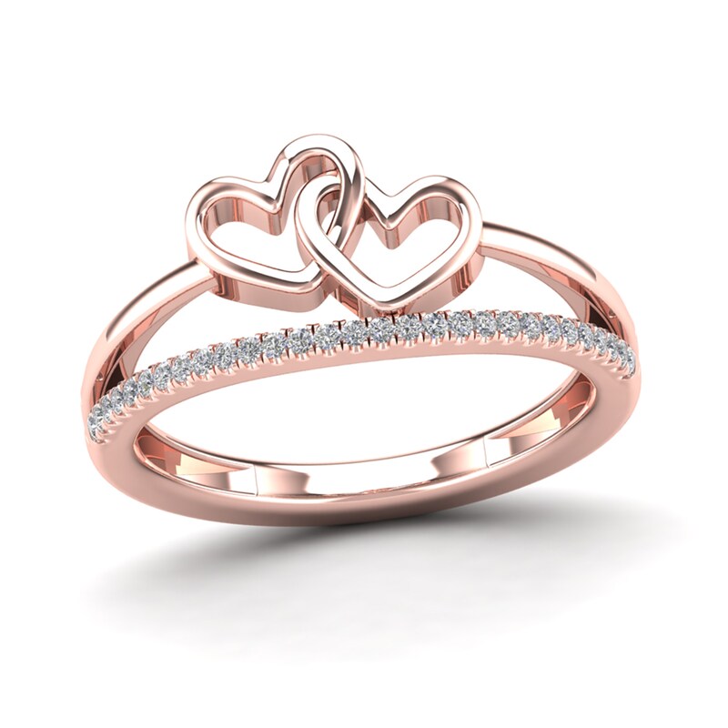 Main Image 1 of 1/10 CT. T.W. Diamond Double Heart Split Shank Ring in 14K Rose Gold