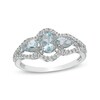 Thumbnail Image 1 of Oval Aquamarine and White Lab-Created Sapphire Open Frame Split Shank Ring in Sterling Silver