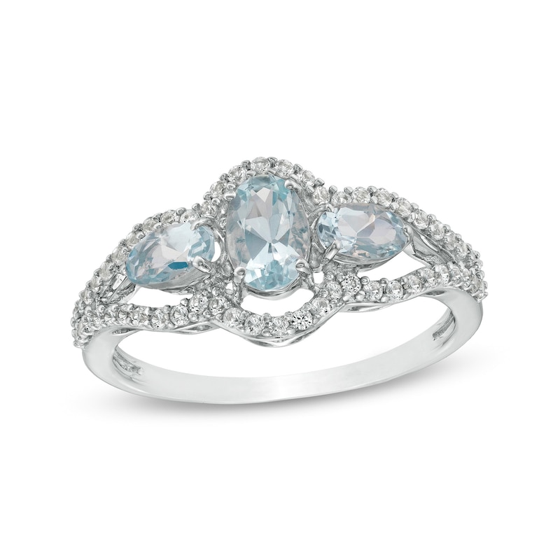 Oval Aquamarine and White Lab-Created Sapphire Open Frame Split Shank Ring in Sterling Silver