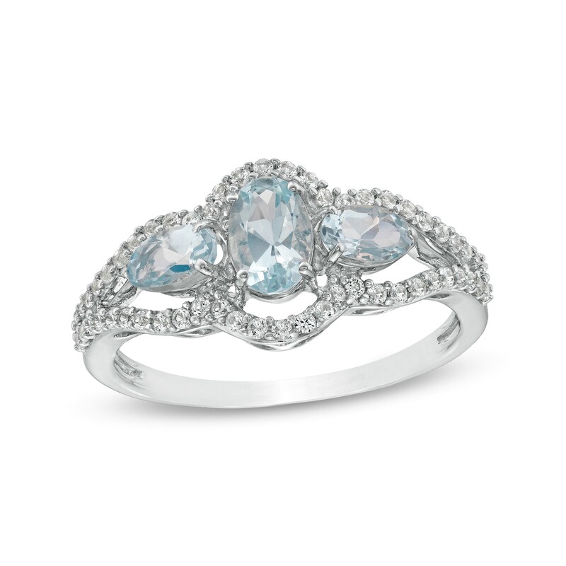 Main Image 1 of Oval Aquamarine and White Lab-Created Sapphire Open Frame Split Shank Ring in Sterling Silver