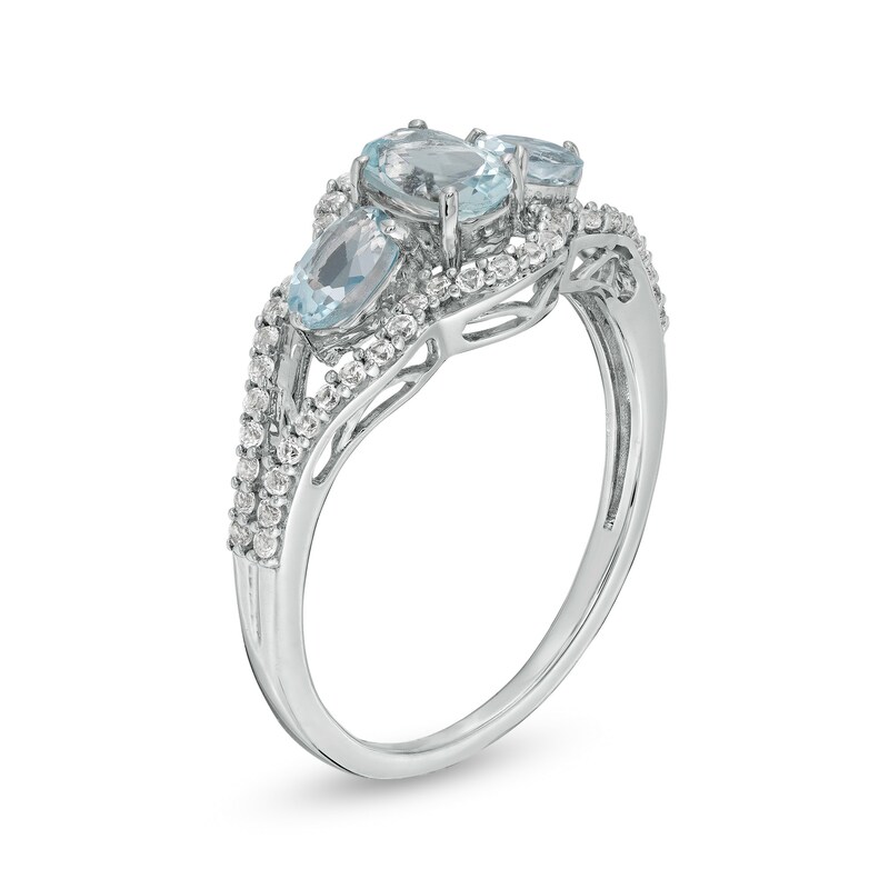 Main Image 2 of Oval Aquamarine and White Lab-Created Sapphire Open Frame Split Shank Ring in Sterling Silver