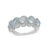 Thumbnail Image 0 of Oval Aquamarine and White Lab-Created Sapphire Cascading Frame Five Stone Slant Ring in Sterling Silver