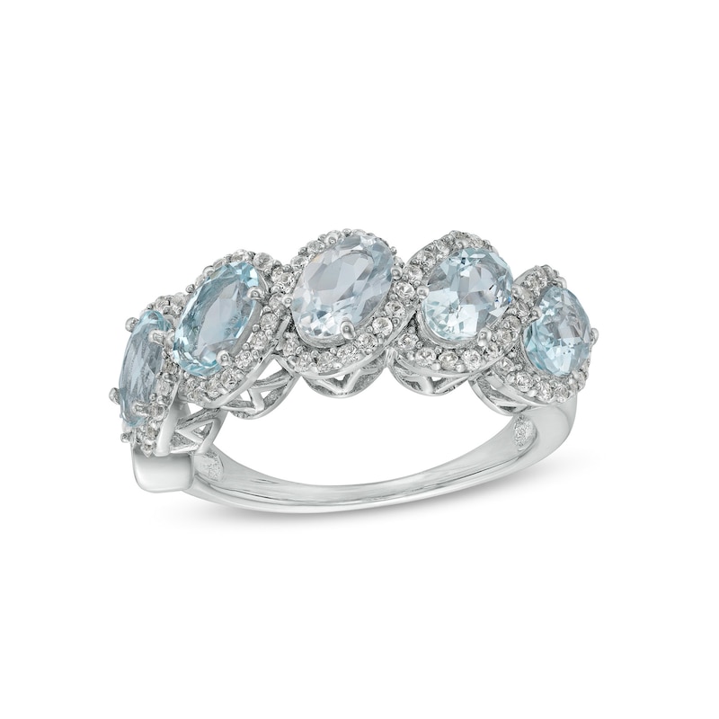 Oval Aquamarine and White Lab-Created Sapphire Cascading Frame Five Stone Slant Ring in Sterling Silver