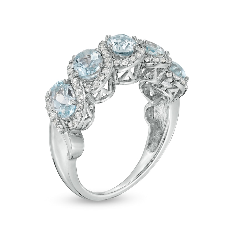 Oval Aquamarine and White Lab-Created Sapphire Cascading Frame Five Stone Slant Ring in Sterling Silver