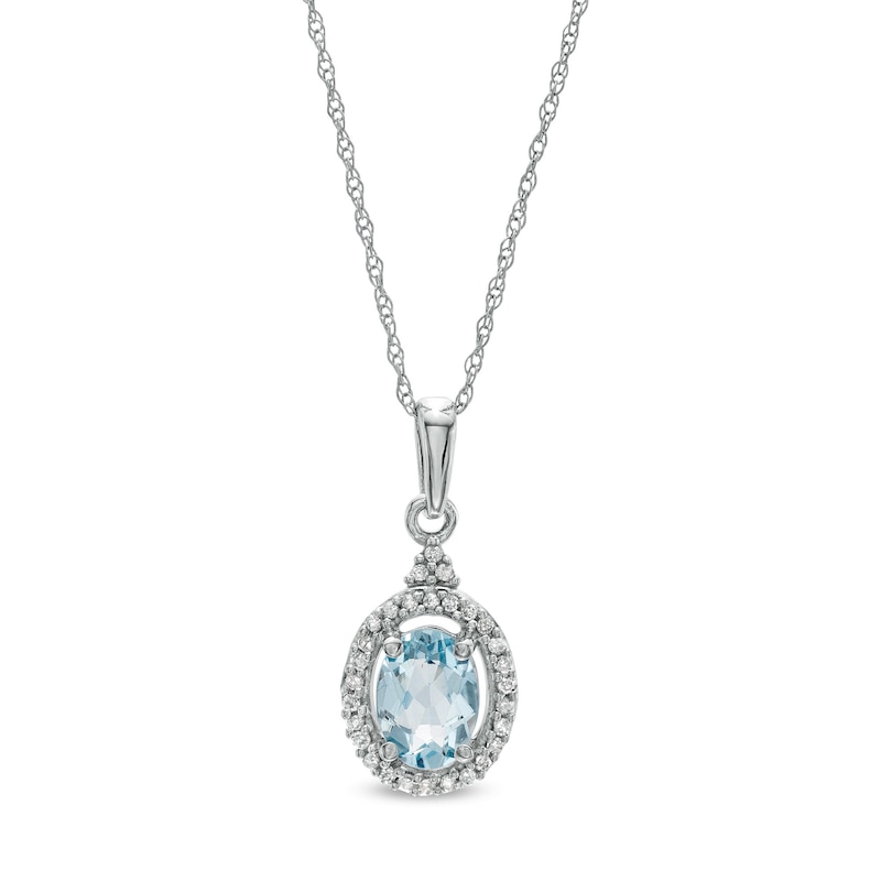 Main Image 1 of Oval Aquamarine and 1/10 CT. T.W. Diamond Frame Drop Pendant in 10K White Gold
