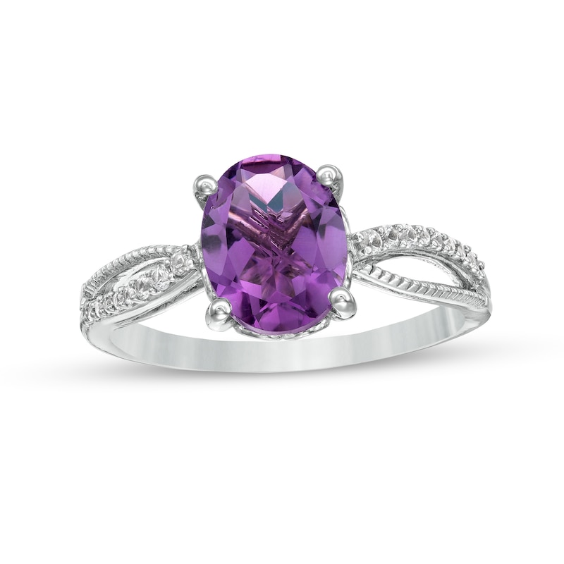 Main Image 1 of Oval Amethyst and White Lab-Created Sapphire Rope-Textured Split Shank Ring in Sterling Silver