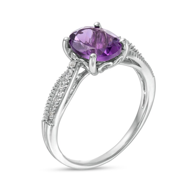 Main Image 2 of Oval Amethyst and White Lab-Created Sapphire Rope-Textured Split Shank Ring in Sterling Silver