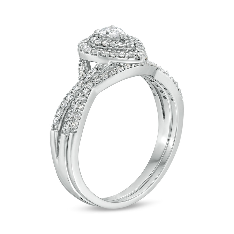 Main Image 3 of 5/8 CT. T.W. Pear-Shaped Diamond Double Frame Twist Shank Bridal Set in 10K White Gold