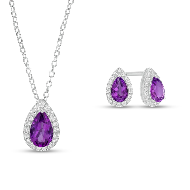 Main Image 1 of Pear-Shaped Amethyst and White Lab-Created Sapphire Frame Pendant and Stud Earrings Set in Sterling Silver
