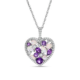 Multi-Shaped Amethyst, Lab-Created Opal and White Lab-Created Sapphire Cluster Heart Pendant in Sterling Silver