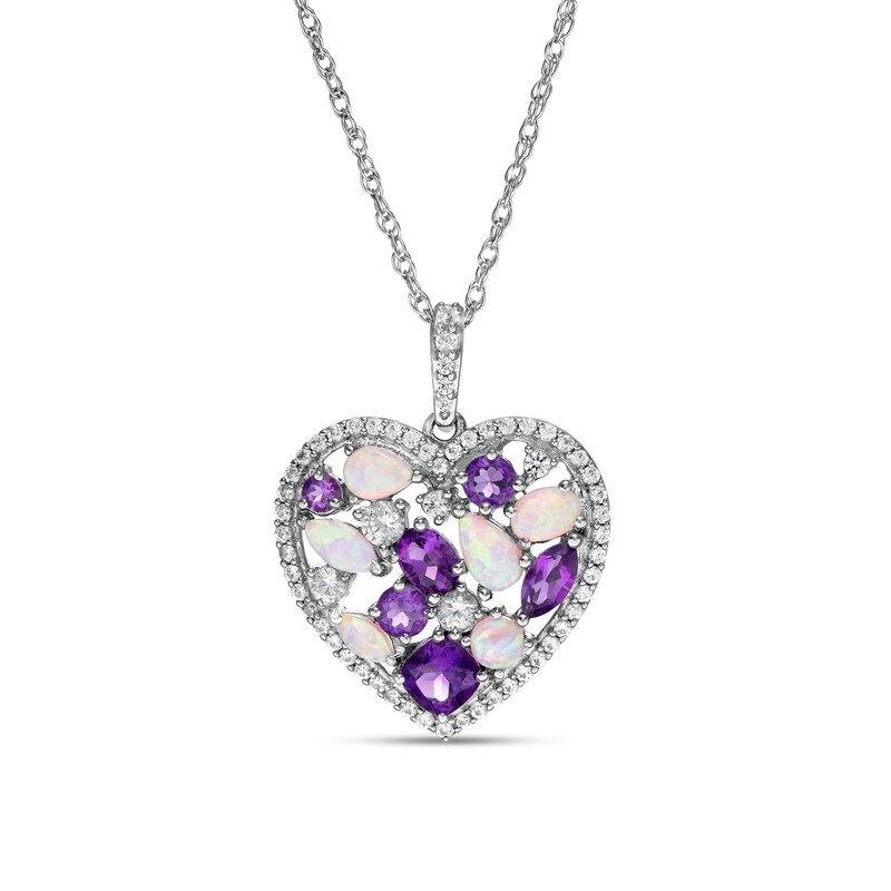 Main Image 1 of Multi-Shaped Amethyst, Lab-Created Opal and White Lab-Created Sapphire Cluster Heart Pendant in Sterling Silver