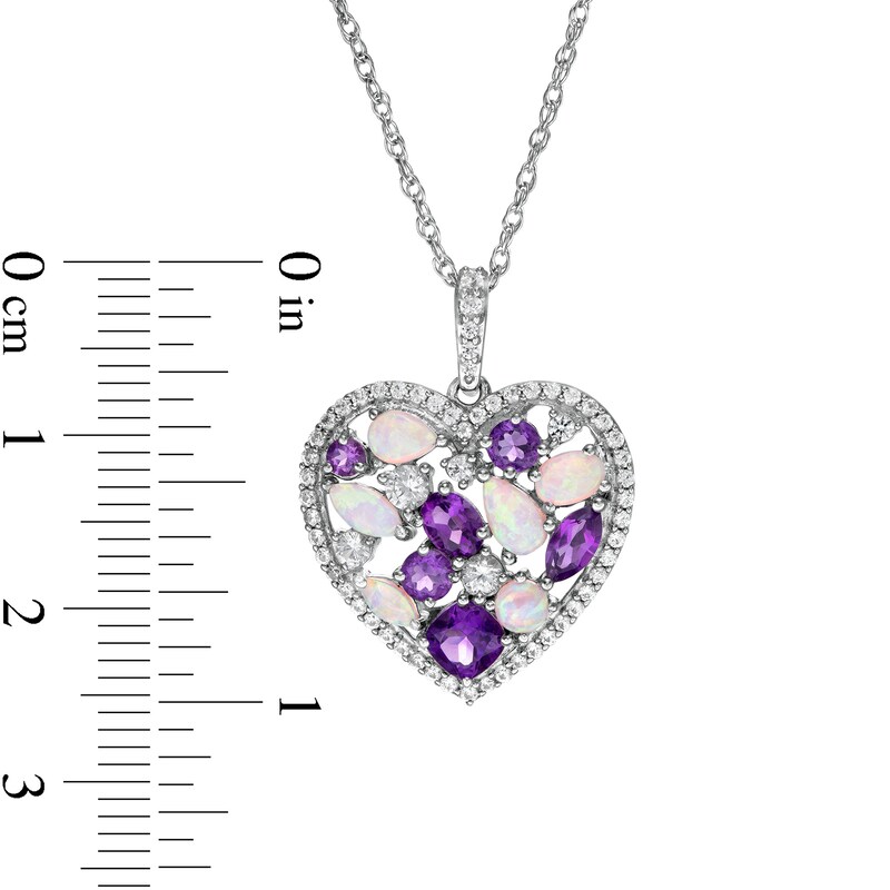 Main Image 2 of Multi-Shaped Amethyst, Lab-Created Opal and White Lab-Created Sapphire Cluster Heart Pendant in Sterling Silver