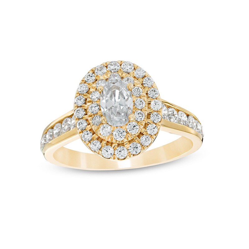 Main Image 1 of Love's Destiny by Peoples 1-1/4 CT. T.W. Certified Oval Diamond Double Frame Engagement Ring in 14K Gold (I/SI2)