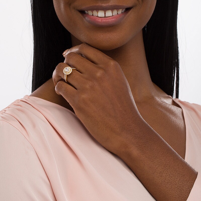 Main Image 2 of Love's Destiny by Peoples 1-1/4 CT. T.W. Certified Oval Diamond Double Frame Engagement Ring in 14K Gold (I/SI2)