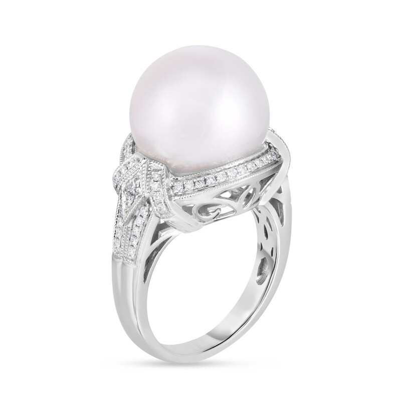 Main Image 2 of 13.0mm South Sea Cultured Pearl and 1/3 CT. T.W. Diamond Border Art Deco Vintage-Style Ring in 14K White Gold