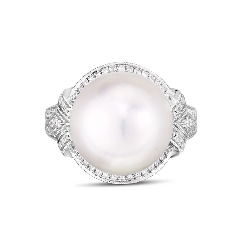 Main Image 3 of 13.0mm South Sea Cultured Pearl and 1/3 CT. T.W. Diamond Border Art Deco Vintage-Style Ring in 14K White Gold
