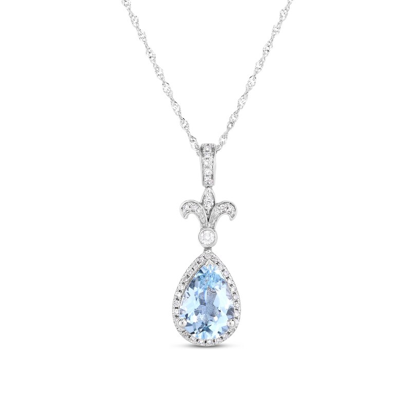 Main Image 1 of Pear-Shaped Aquamarine and 1/6 CT. T.W. Diamond Frame Fleur-de-Lis Drop Pendant in 14K White Gold