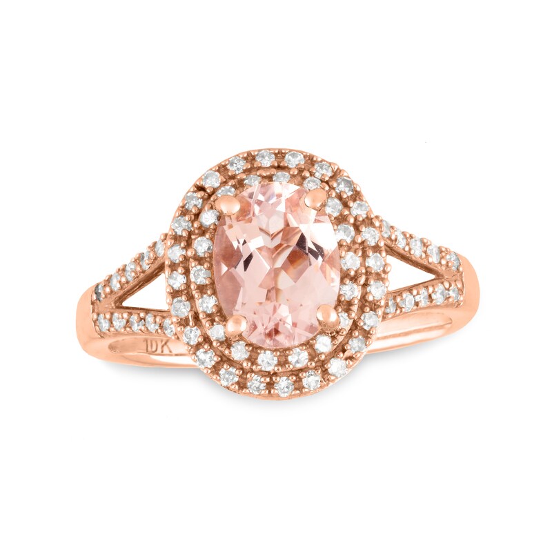 Main Image 1 of Oval Morganite and 1/4 CT. T.W. Diamond Double Frame Split Shank Ring in 10K Rose Gold