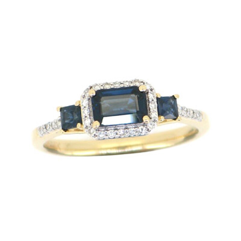 Emerald-Cut Blue Sapphire and 1/8 CT. T.W. Diamond Frame Three Stone Ring in 10K Gold