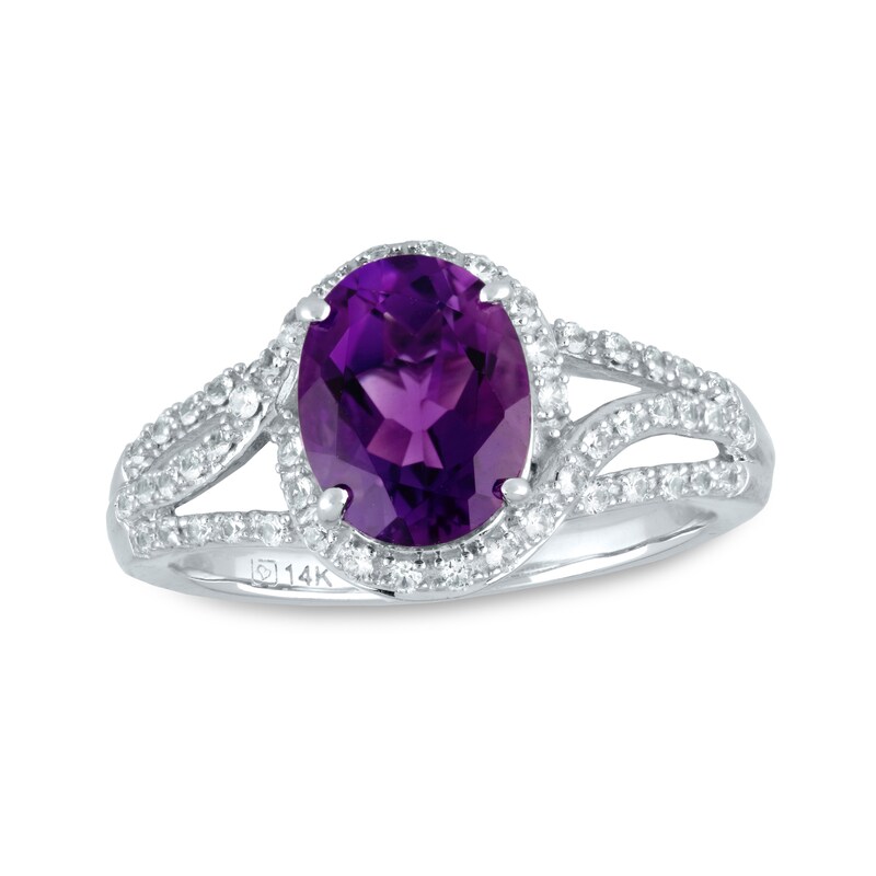 Main Image 1 of Oval Amethyst and White Sapphire Frame Triple Row Bypass Split Shank Ring in 14K White Gold