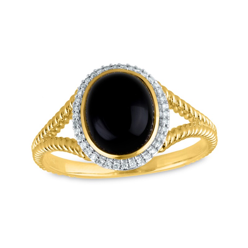 Main Image 1 of Oval Onyx and 1/10 CT. T.W. Diamond Frame Rope-Textured Split Shank Ring in 14K Gold