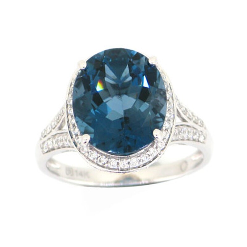 Oval London Blue Topaz and 1/3 CT. T.W. Diamond Frame Split Shank Ring in 14K White Gold