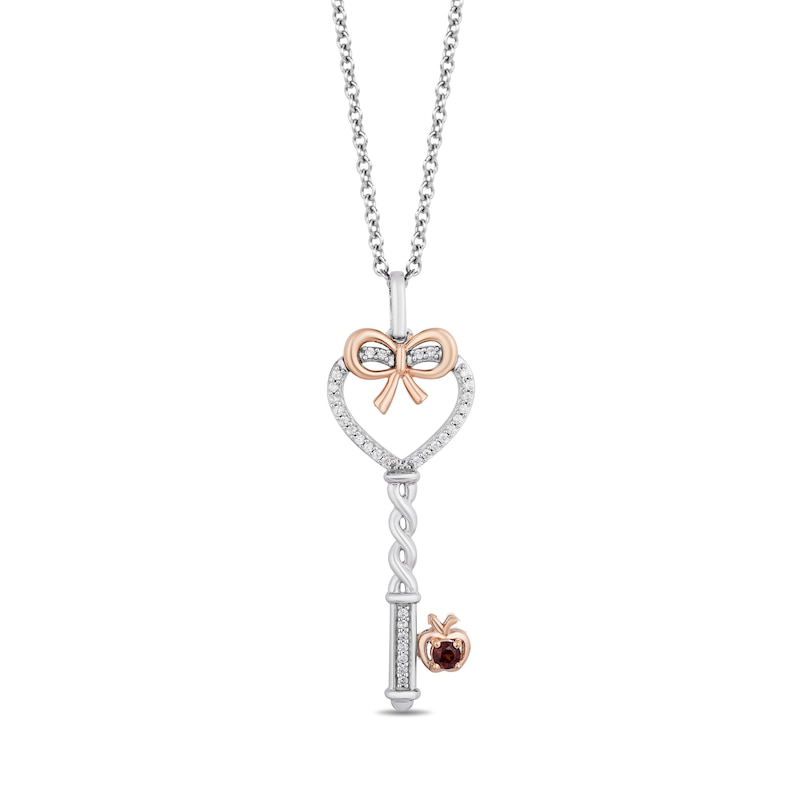 Enchanted Disney Snow White Garnet and 1/10 CT. T.W. Diamond Key Pendant in Sterling Silver and 10K Rose Gold - 19"