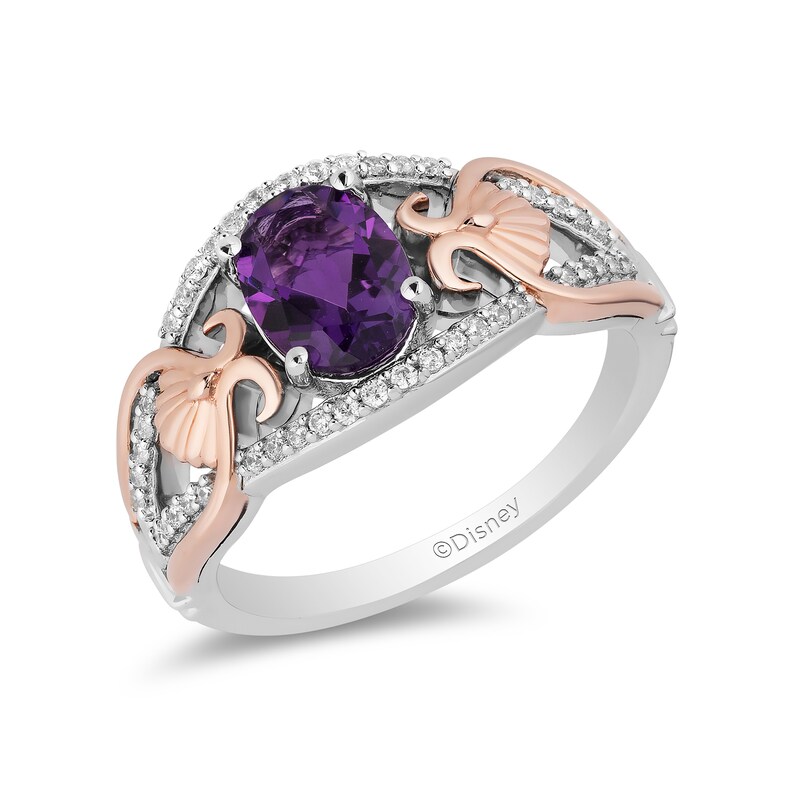 Main Image 1 of Enchanted Disney Ariel Oval Amethyst and 1/6 CT. T.W. Diamond Ring in Sterling Silver and 10K Rose Gold