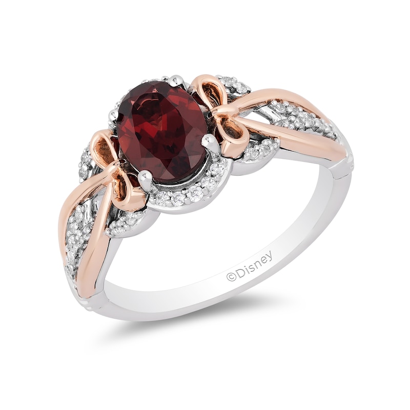 Main Image 1 of Enchanted Disney Snow White Oval Garnet and 1/6 CT. T.W. Diamond Ring in Sterling Silver and 10K Rose Gold