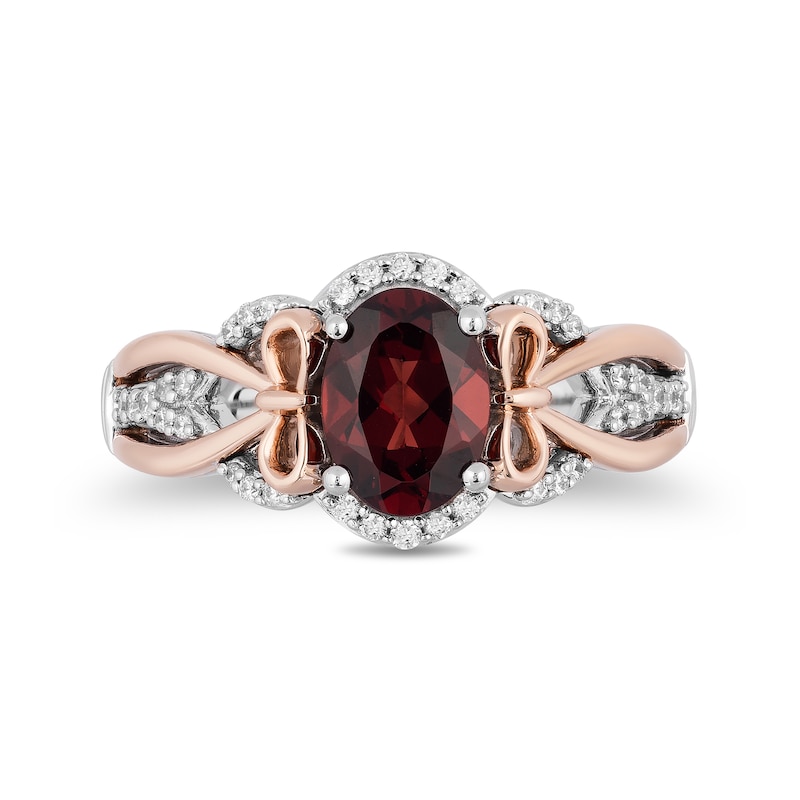Main Image 4 of Enchanted Disney Snow White Oval Garnet and 1/6 CT. T.W. Diamond Ring in Sterling Silver and 10K Rose Gold