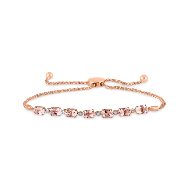 Main Image 1 of Sideways Oval Morganite and 1/20 CT. T.W. Diamond Seven Stone Alternating Bolo Bracelet in 10K Rose Gold - 9.5"