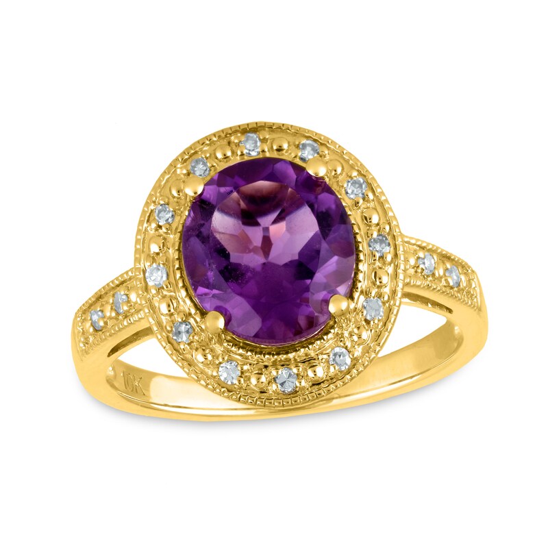 Main Image 1 of 8.0mm Amethyst and 1/15 CT. T.W. Diamond Frame Vintage-Style Ring in 10K Gold
