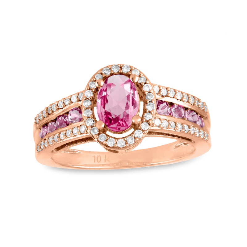 Main Image 1 of Oval Pink Sapphire and 1/4 CT. T.W. Diamond Frame Triple Row Ring in 10K Rose Gold
