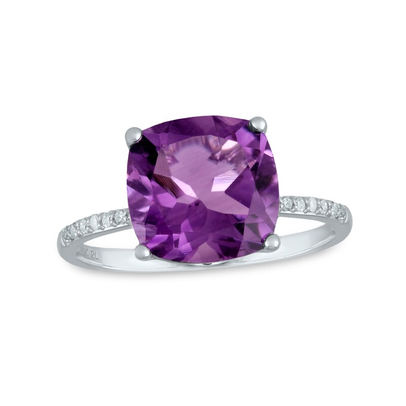 Main Image 1 of 10.0mm Cushion-Cut Amethyst and 1/15 CT. T.W. Diamond Ring in 10K White Gold