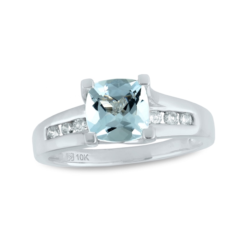Main Image 1 of 7.0mm Cushion-Cut Aquamarine and 1/4 CT. T.W. Diamond Ring in 10K White Gold