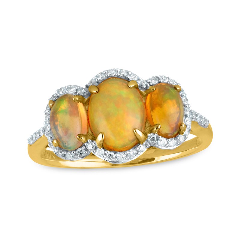 Main Image 1 of Oval Opal and 1/5 CT. T.W. Diamond Frame Three Stone Ring in 10K Gold