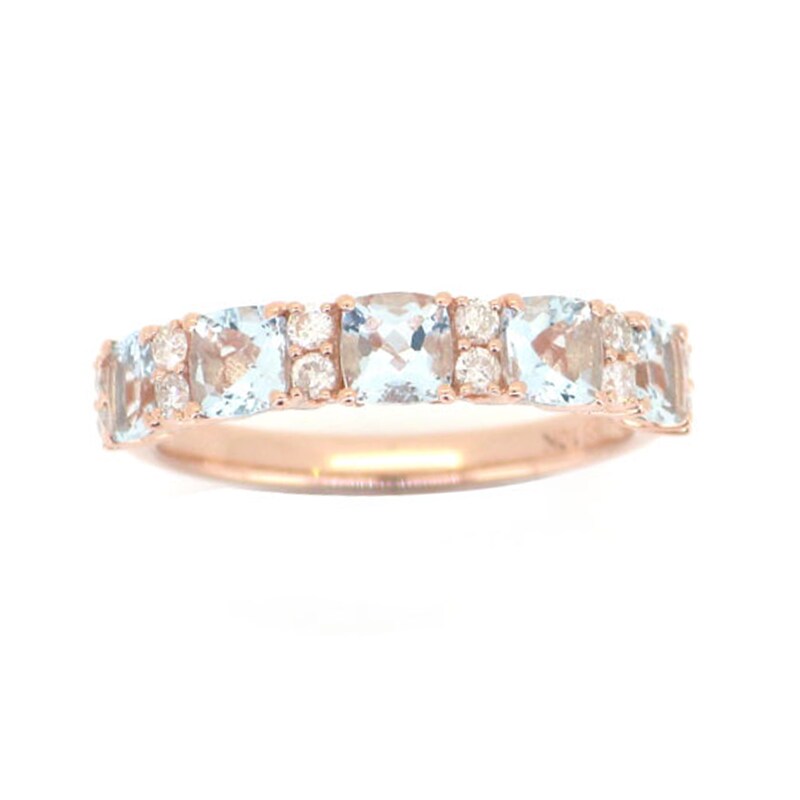 Main Image 1 of 4.0mm Cushion-Cut Aquamarine and 1/4 CT. T.W. Diamond Duo Alternating Five Stone Ring in 10K Rose Gold