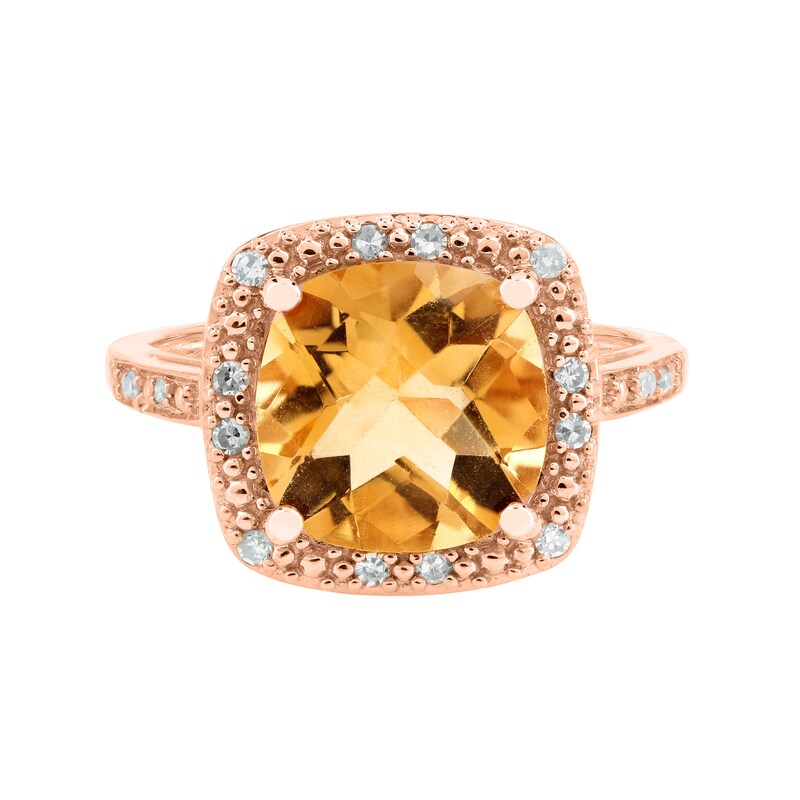 Main Image 1 of 9.0mm Cushion-Cut Citrine and 1/10 CT. T.W. Diamond Bead Frame Ring in 14K Rose Gold