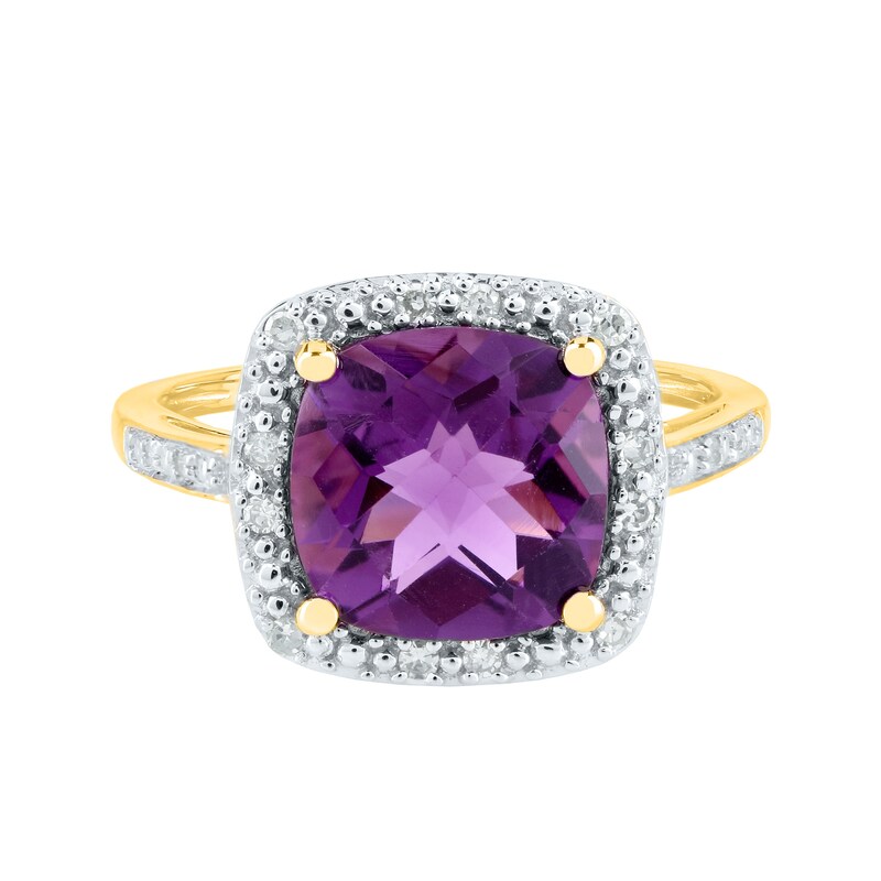 Main Image 1 of 9.0mm Cushion-Cut Amethyst and 1/10 CT. T.W. Diamond Bead Frame Ring in 14K Gold