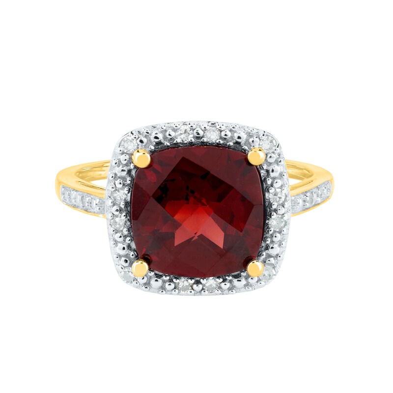 Main Image 1 of 9.0mm Cushion-Cut Garnet and 1/10 CT. T.W. Diamond Bead Frame Ring in 14K Gold
