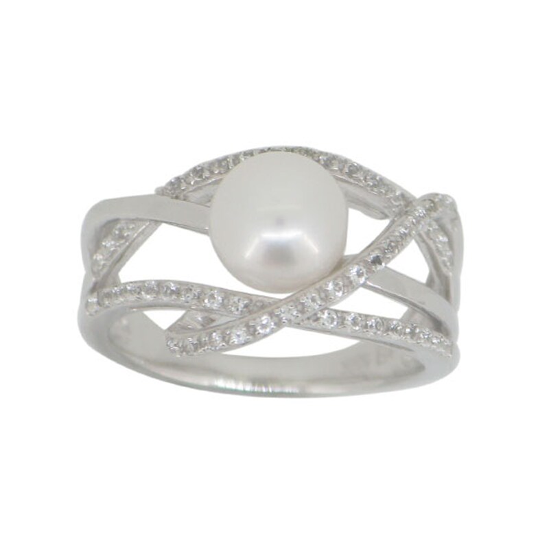Main Image 1 of 7.5mm Freshwater Cultured Pearl and White Topaz Orbit Ring in 10K White Gold