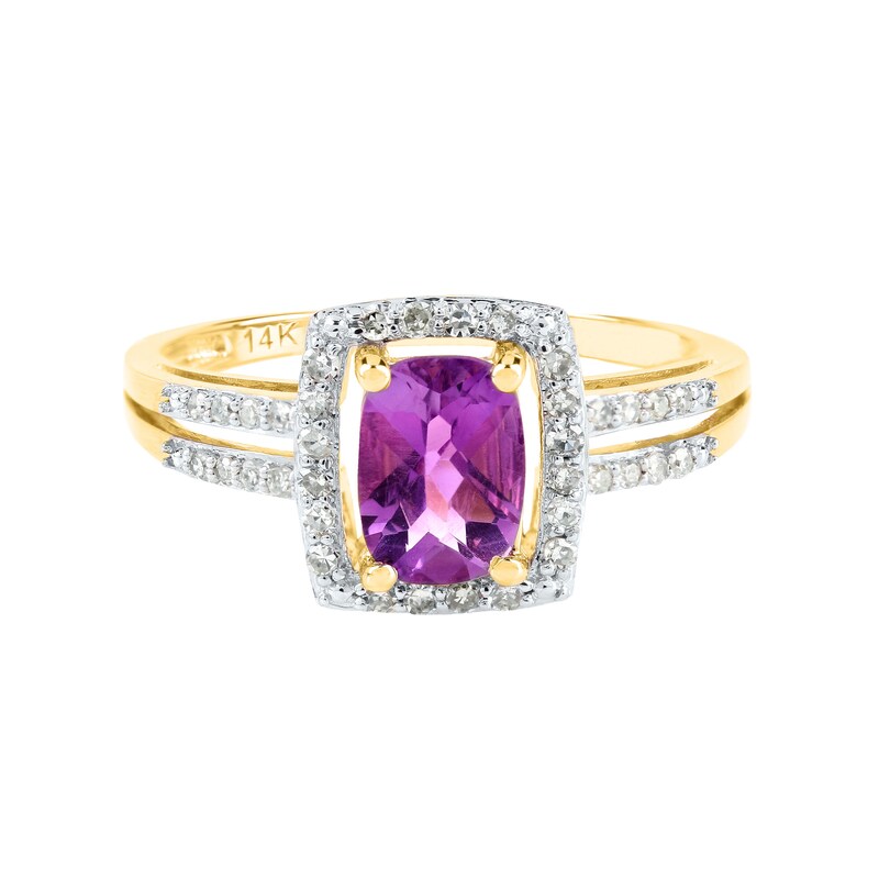 Main Image 1 of Cushion-Cut Amethyst and 1/5 CT. T.W. Diamond Open Frame Split Shank Ring in 14K Gold