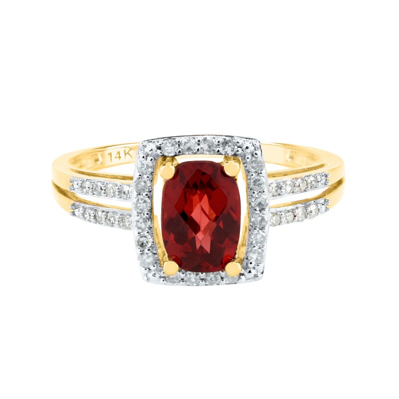Main Image 1 of Cushion-Cut Garnet and 1/5 CT. T.W. Diamond Open Frame Split Shank Ring in 14K Gold