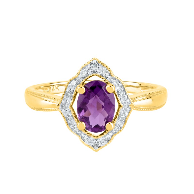 Main Image 1 of Oval Amethyst and 1/20 CT. T.W. Diamond Open Quatrefoil Frame Vintage-Style Tapered Shank Ring in 14K Gold
