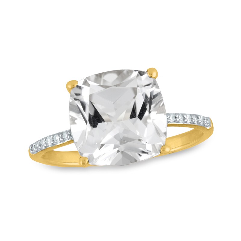 Main Image 1 of 10.0mm Cushion-Cut White Topaz and 1/15 CT. T.W. Diamond Ring in 14K Gold