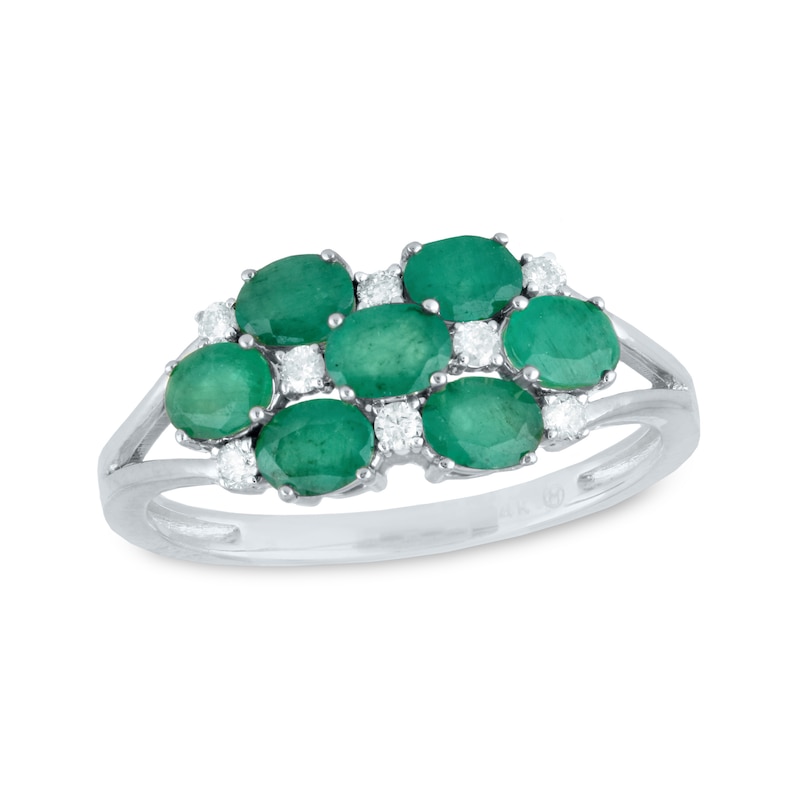 Main Image 1 of Sideways Oval Emerald and 1/10 CT. T.W. Diamond Seven Stone Triple Row Cluster Split Shank Ring in 14K White Gold