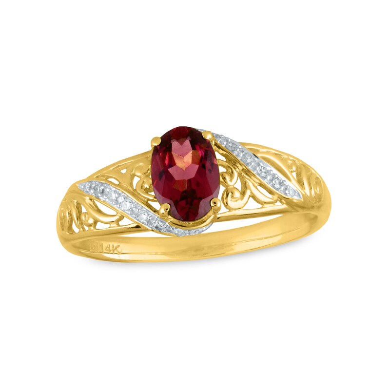 Main Image 1 of Oval Garnet and 1/20 CT. T.W. Diamond Bypass Swirl Filigree Open Shank Ring in 14K Gold